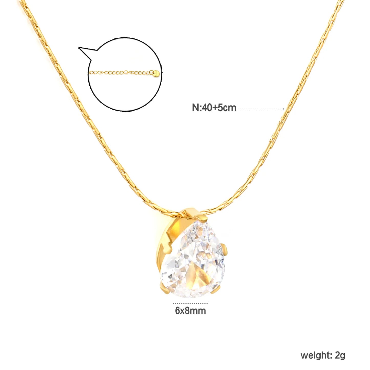 6mm Crystal Waterdrop Pendant 40+5cm Necklace | 18K Gold Plated | Wholesale  MOQ 12 | Adjustable Jewelry for Bulk Order
