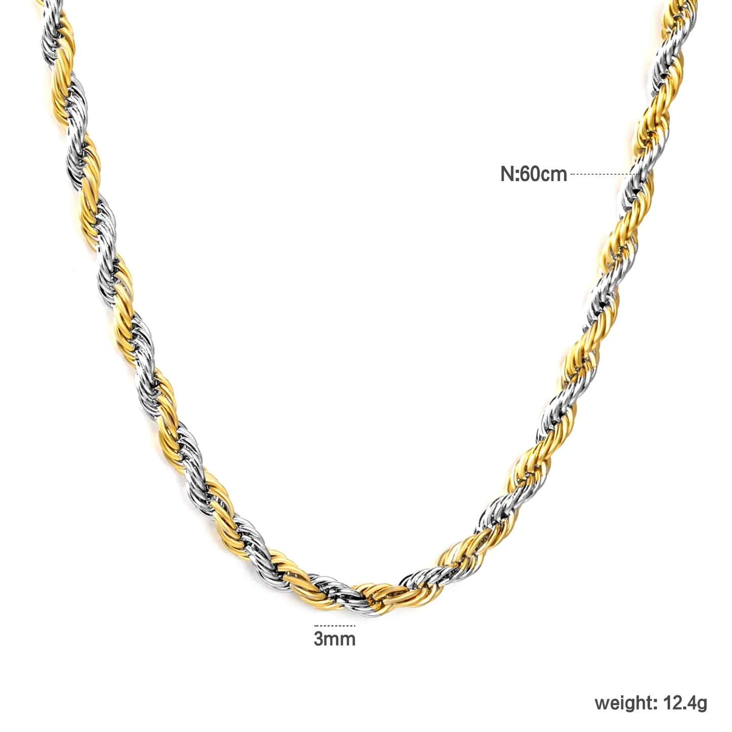 Two-Tone (Gold/Silver) 3mm Twist Chain Necklace | MOQ 12 | Wholesale Bulk Order |  Stainless Steel Jewelry