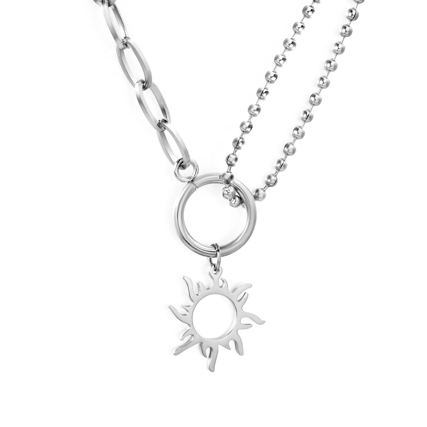 2-Layer Chain + 18mm Sun Pendant Necklace |Gold & Silver | MOQ 12 | Wholesale Bulk Order | N:40+5cm Adjustable Jewelry