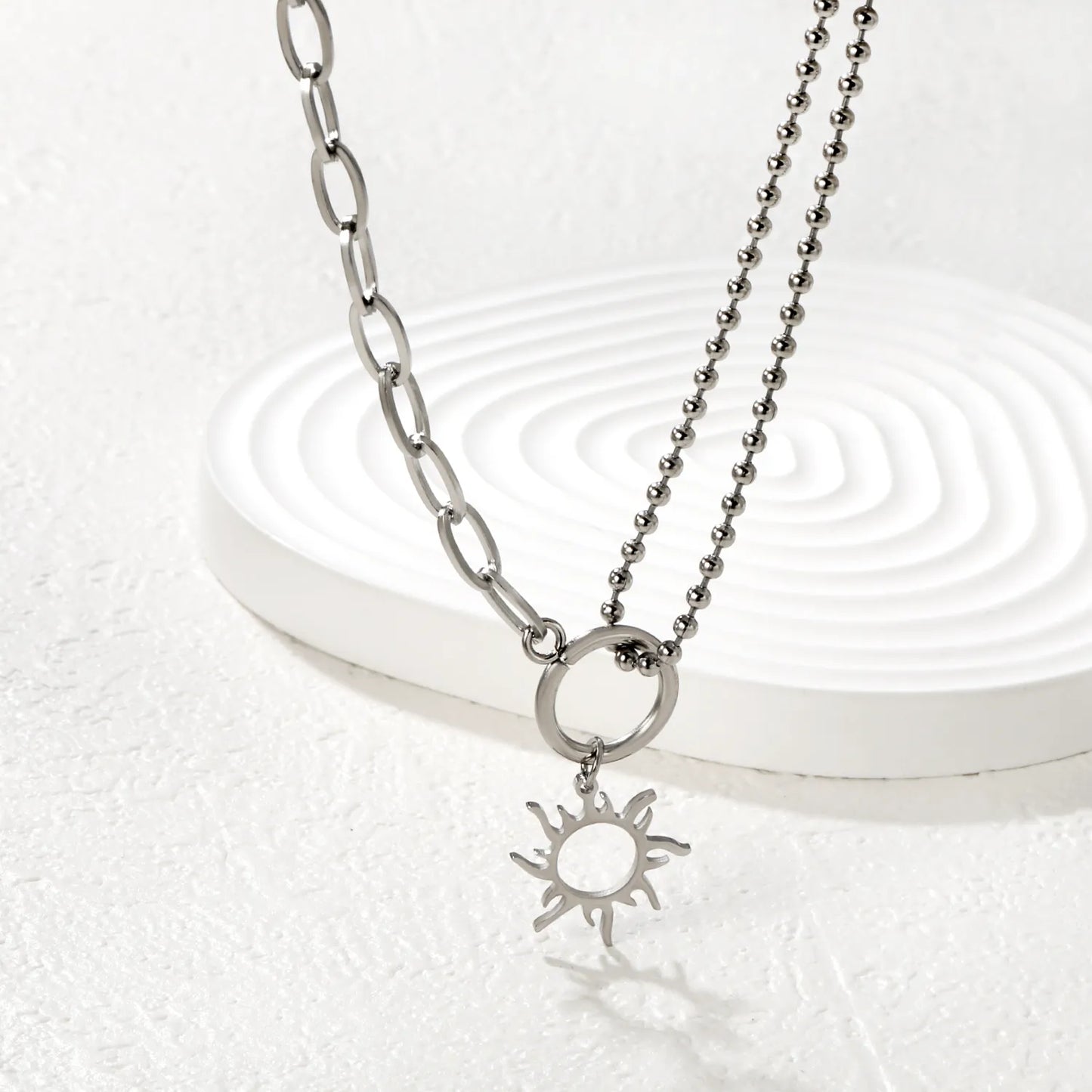 2-Layer Chain + 18mm Sun Pendant Necklace |Gold & Silver | MOQ 12 | Wholesale Bulk Order | N:40+5cm Adjustable Jewelry