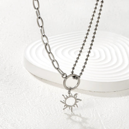2-Layer Chain + 18mm Sun Pendant Necklace |Gold & Silver | MOQ 12 | Wholesale Bulk Order | N:40+5cm Adjustable Jewelry