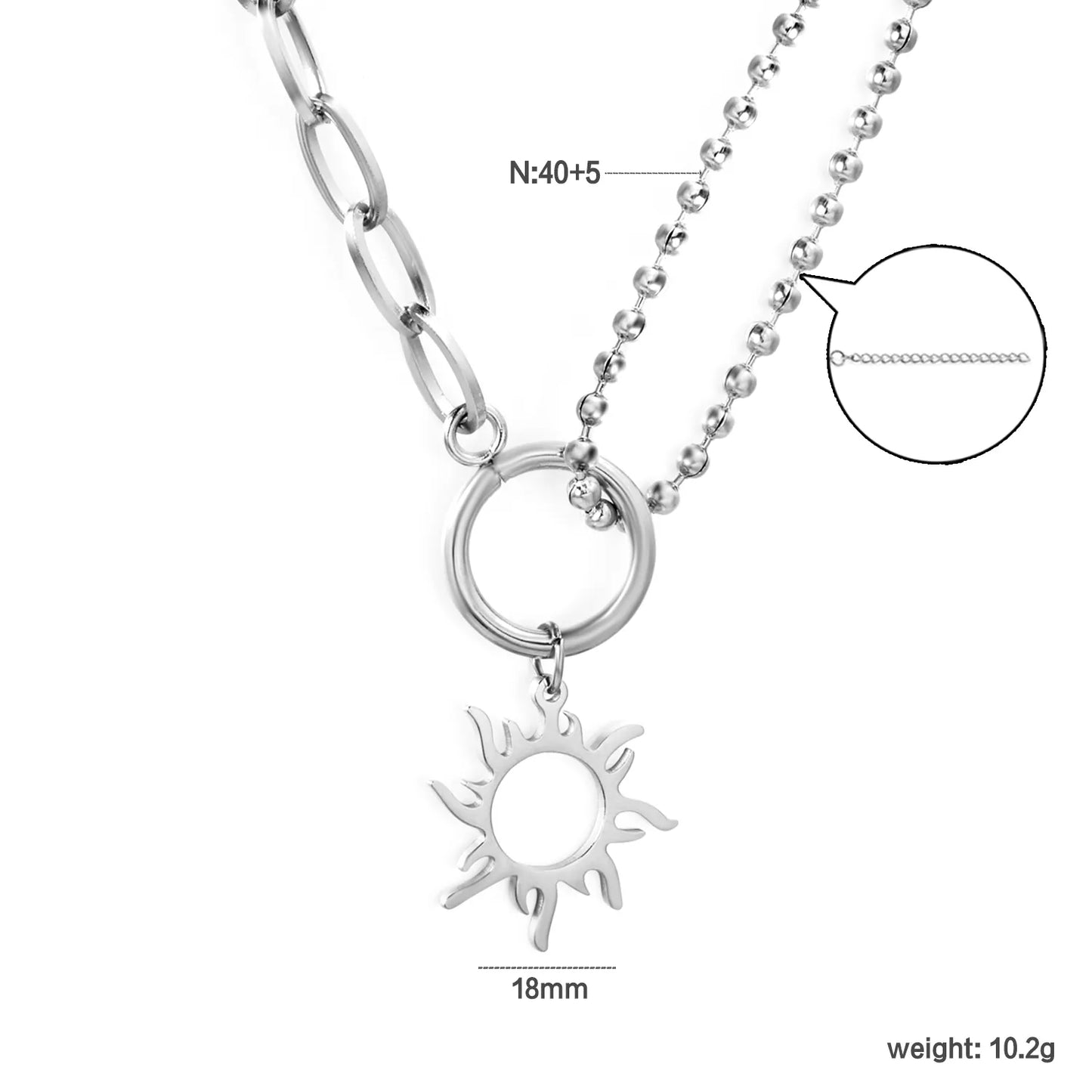 2-Layer Chain + 18mm Sun Pendant Necklace |Gold & Silver | MOQ 12 | Wholesale Bulk Order | N:40+5cm Adjustable Jewelry