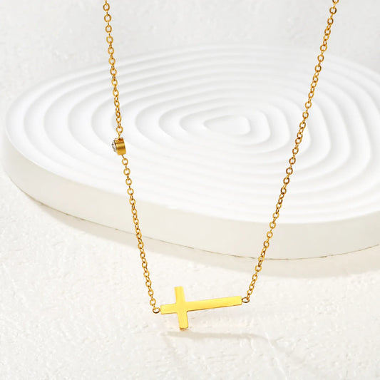 18K Gold Plated Cross Pendant + Crystal Station Necklace | MOQ 12 | Wholesale Order | 45+5cm Adjustable Jewelry