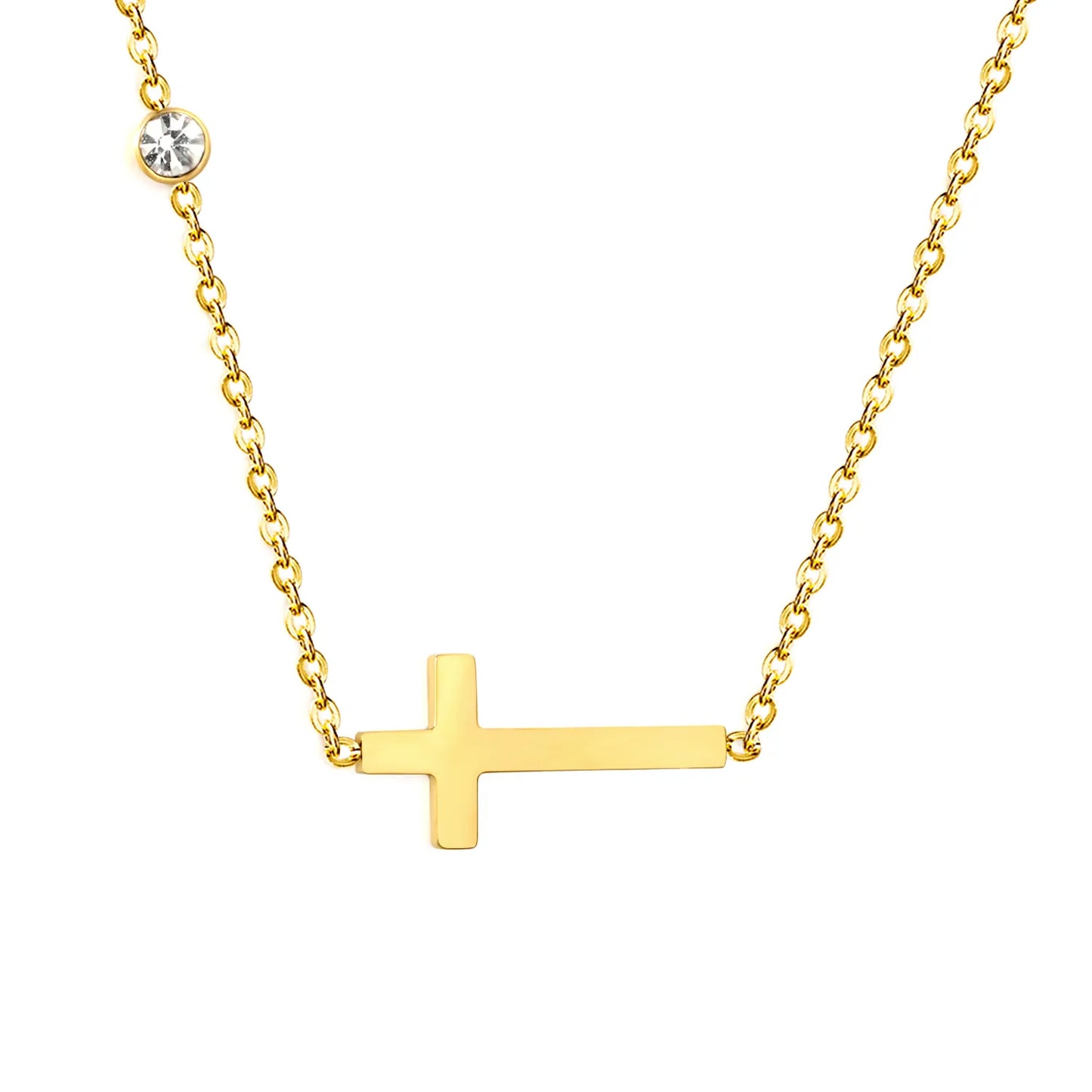 18K Gold Plated Cross Pendant + Crystal Station Necklace | MOQ 12 | Wholesale Order | 45+5cm Adjustable Jewelry