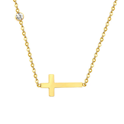 18K Gold Plated Cross Pendant + Crystal Station Necklace | MOQ 12 | Wholesale Order | 45+5cm Adjustable Jewelry