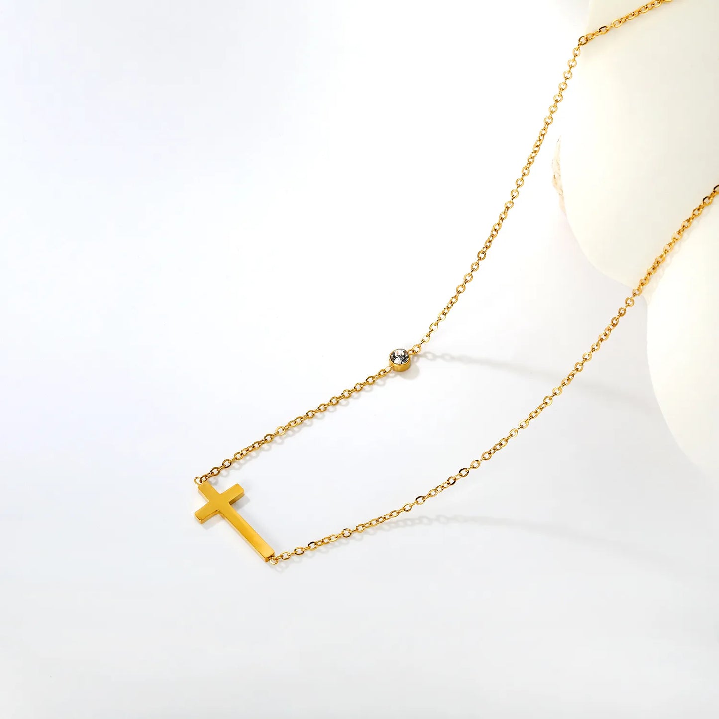 18K Gold Plated Cross Pendant + Crystal Station Necklace | MOQ 12 | Wholesale Order | 45+5cm Adjustable Jewelry