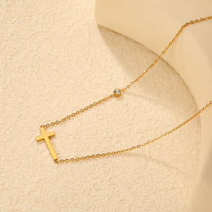 18K Gold Plated Cross Pendant + Crystal Station Necklace | MOQ 12 | Wholesale Order | 45+5cm Adjustable Jewelry