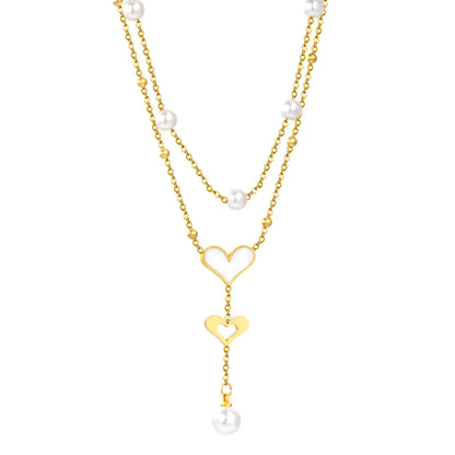 Double Heart & Pearl 2-Layer Necklace | MOQ 12 | Wholesale 18K Gold Jewelry | N:40+45+5cm Adjustable Jewelry