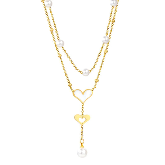 Double Heart & Pearl 2-Layer Necklace | MOQ 12 | Wholesale 18K Gold Jewelry | N:40+45+5cm Adjustable Jewelry