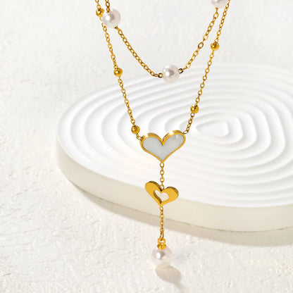 Double Heart & Pearl 2-Layer Necklace | MOQ 12 | Wholesale 18K Gold Jewelry | N:40+45+5cm Adjustable Jewelry
