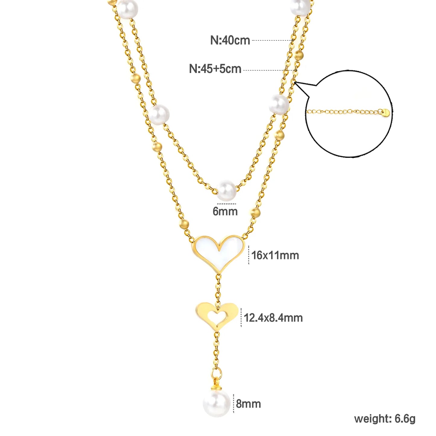 Double Heart & Pearl 2-Layer Necklace | MOQ 12 | Wholesale 18K Gold Jewelry | N:40+45+5cm Adjustable Jewelry