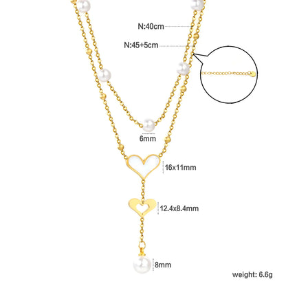 Double Heart & Pearl 2-Layer Necklace | MOQ 12 | Wholesale 18K Gold Jewelry | N:40+45+5cm Adjustable Jewelry