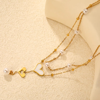 Double Heart & Pearl 2-Layer Necklace | MOQ 12 | Wholesale 18K Gold Jewelry | N:40+45+5cm Adjustable Jewelry