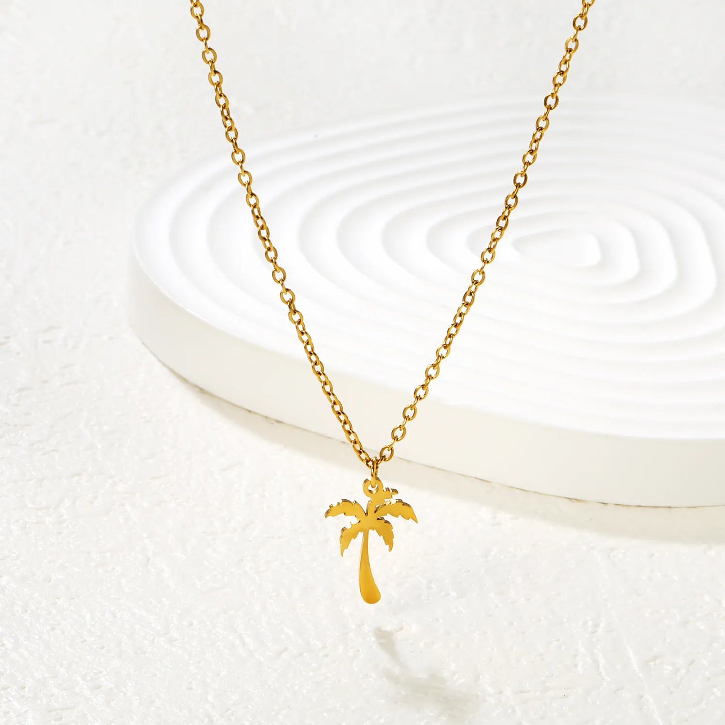 Wholesale Gold/Silver Palm Tree Pendant Necklace (12x17mm) | 18K Plated Stainless Steel Jewelry | N:45+5cm Adjustable Necklace