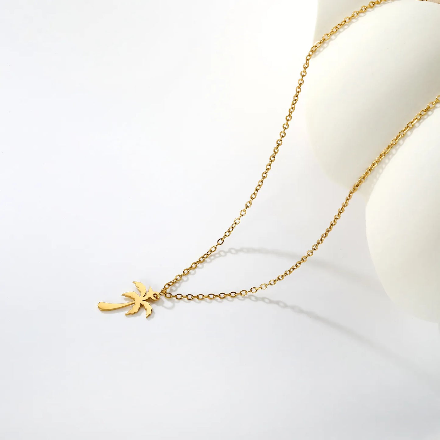 Wholesale Gold/Silver Palm Tree Pendant Necklace (12x17mm) | 18K Plated Stainless Steel Jewelry | N:45+5cm Adjustable Necklace