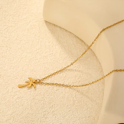 Wholesale Gold/Silver Palm Tree Pendant Necklace (12x17mm) | 18K Plated Stainless Steel Jewelry | N:45+5cm Adjustable Necklace