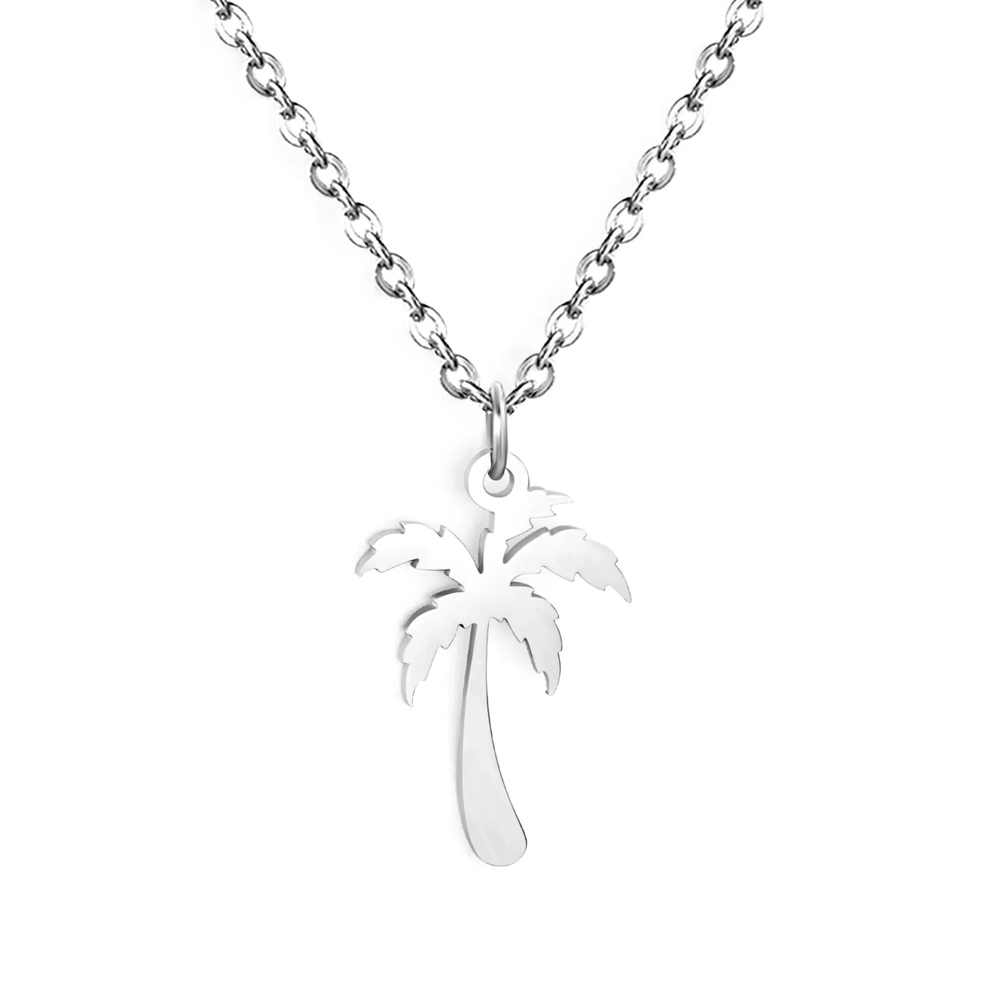 Wholesale Gold/Silver Palm Tree Pendant Necklace (12x17mm) | 18K Plated Stainless Steel Jewelry | N:45+5cm Adjustable Necklace