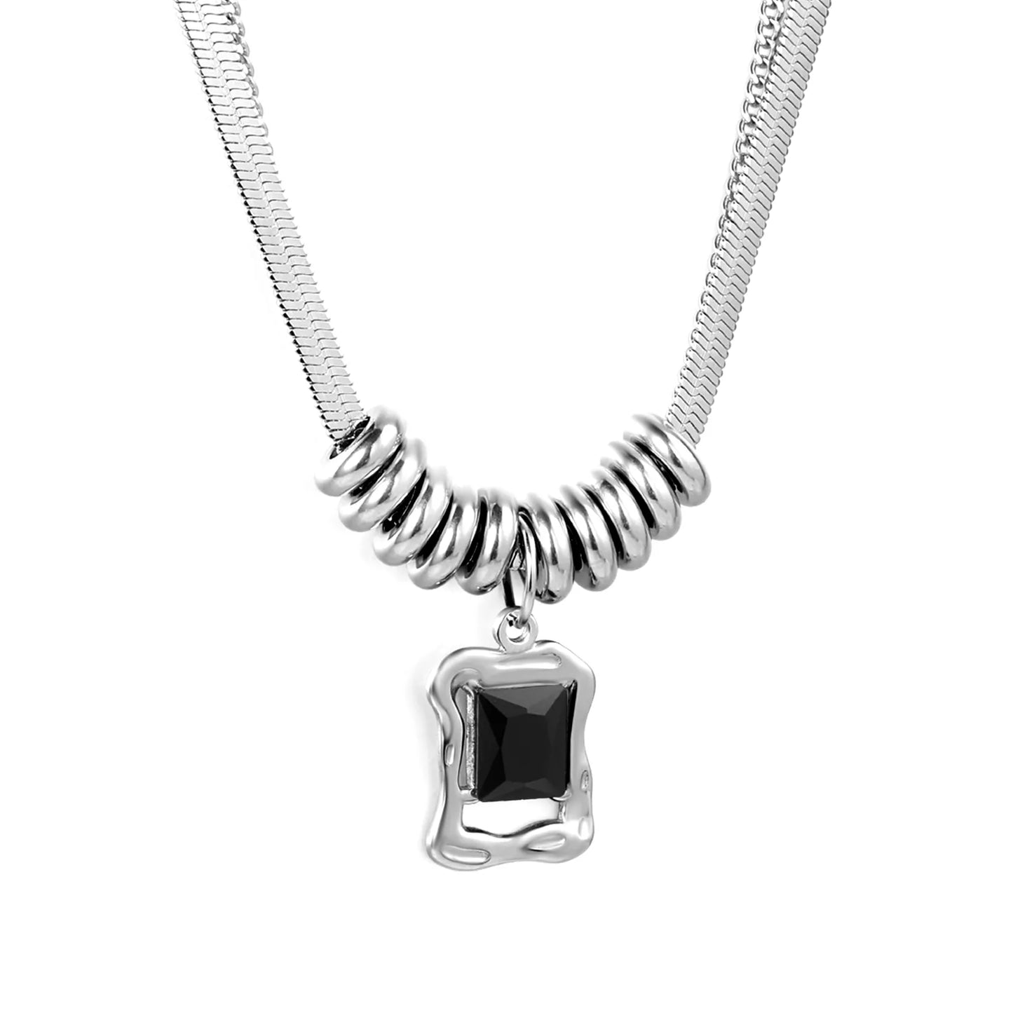 Stainless Steel Spiral Bead + Black Stone Pendant 2-Layer Necklace | MOQ 12 | Wholesale Bulk Order | N:40+40+5cm Adjustable Jewelry