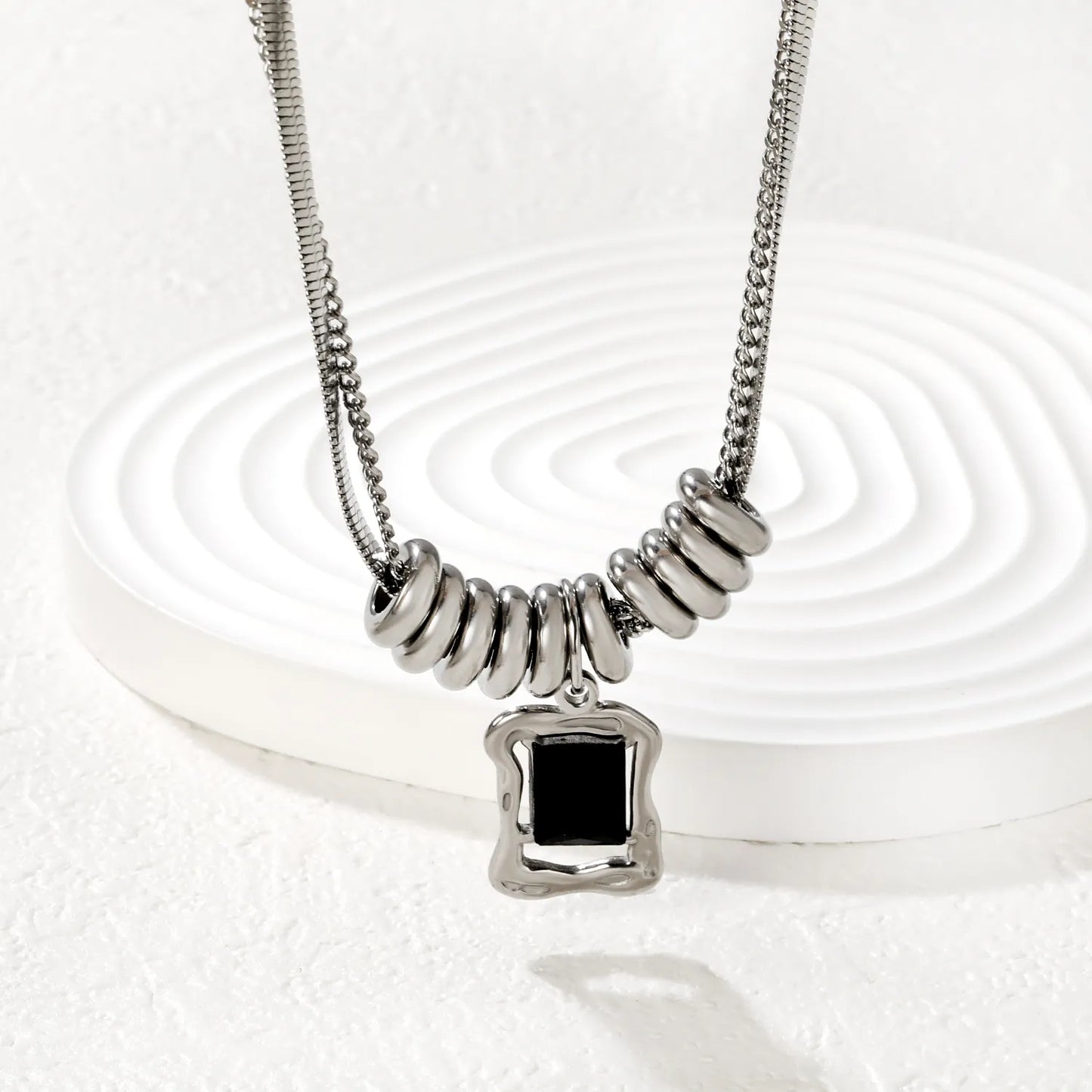 Stainless Steel Spiral Bead + Black Stone Pendant 2-Layer Necklace | MOQ 12 | Wholesale Bulk Order | N:40+40+5cm Adjustable Jewelry