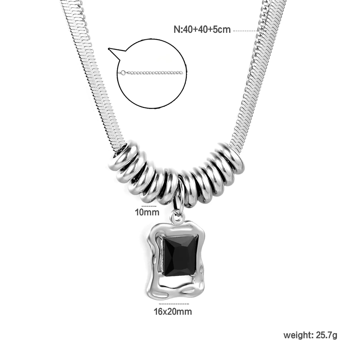 Stainless Steel Spiral Bead + Black Stone Pendant 2-Layer Necklace | MOQ 12 | Wholesale Bulk Order | N:40+40+5cm Adjustable Jewelry