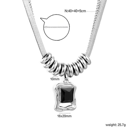 Stainless Steel Spiral Bead + Black Stone Pendant 2-Layer Necklace | MOQ 12 | Wholesale Bulk Order | N:40+40+5cm Adjustable Jewelry
