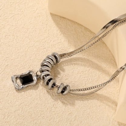 Stainless Steel Spiral Bead + Black Stone Pendant 2-Layer Necklace | MOQ 12 | Wholesale Bulk Order | N:40+40+5cm Adjustable Jewelry
