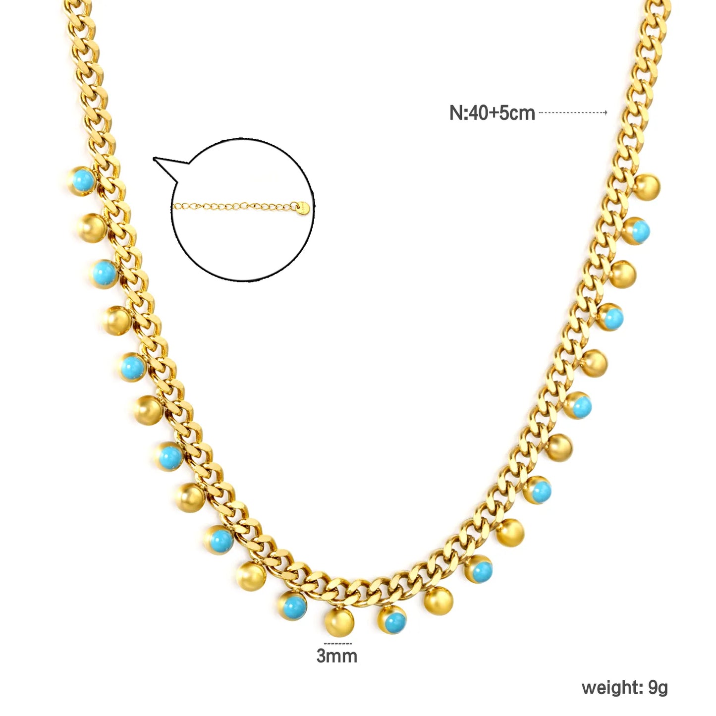Turquoise & Gold Bead Station Necklace | MOQ 12 | Wholesale Bulk Order | N:40+5cm Adjustable Jewelry