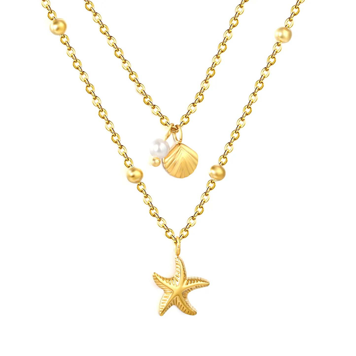 18K Gold Plated 2-Layer Beach Necklace (Starfish + Shell + Pearl)  | MOQ 12 | Wholesale Bulk Order | N:40+45+5cm Adjustable Jewelry