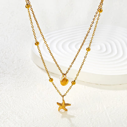 18K Gold Plated 2-Layer Beach Necklace (Starfish + Shell + Pearl)  | MOQ 12 | Wholesale Bulk Order | N:40+45+5cm Adjustable Jewelry