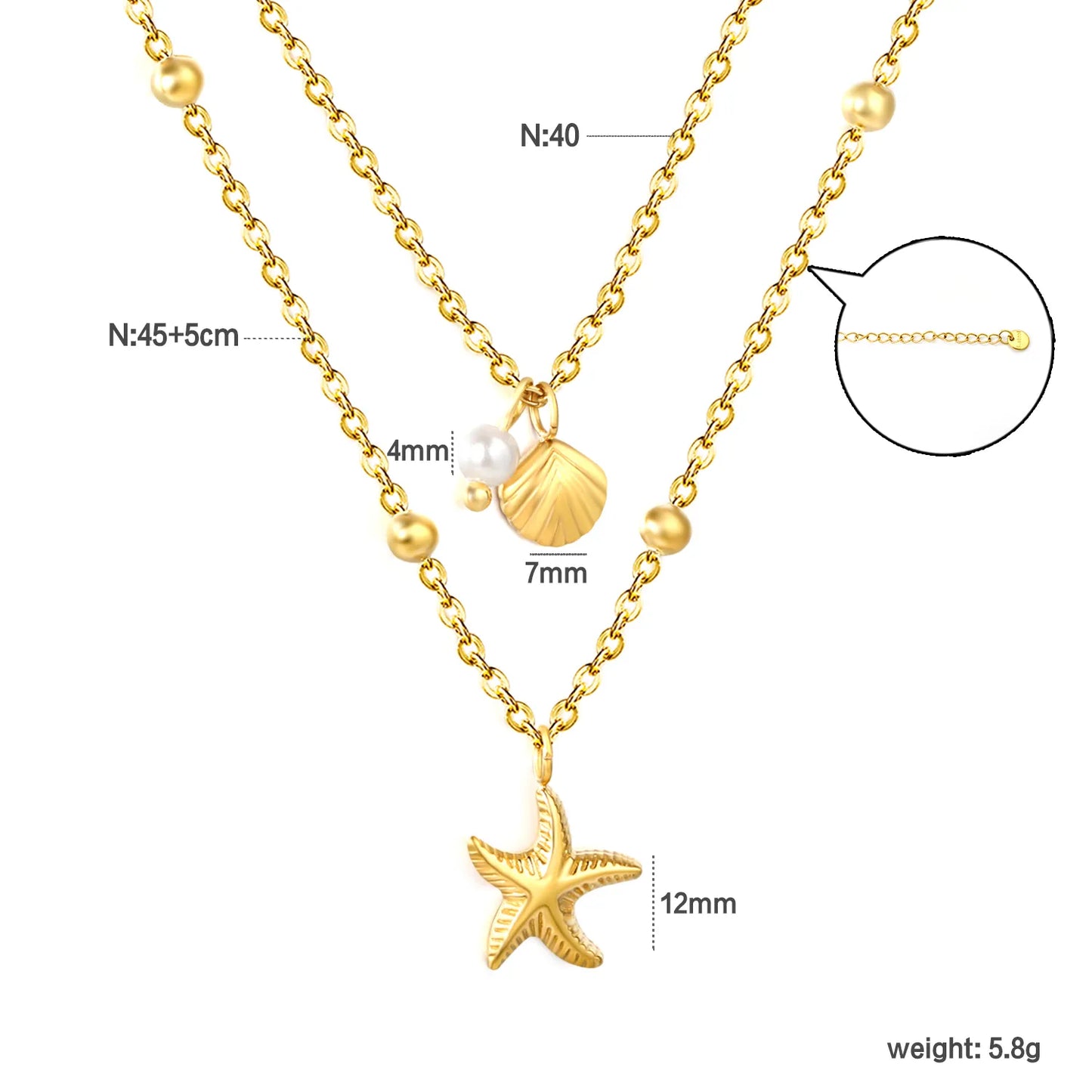 18K Gold Plated 2-Layer Beach Necklace (Starfish + Shell + Pearl)  | MOQ 12 | Wholesale Bulk Order | N:40+45+5cm Adjustable Jewelry