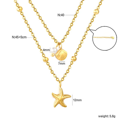 18K Gold Plated 2-Layer Beach Necklace (Starfish + Shell + Pearl)  | MOQ 12 | Wholesale Bulk Order | N:40+45+5cm Adjustable Jewelry
