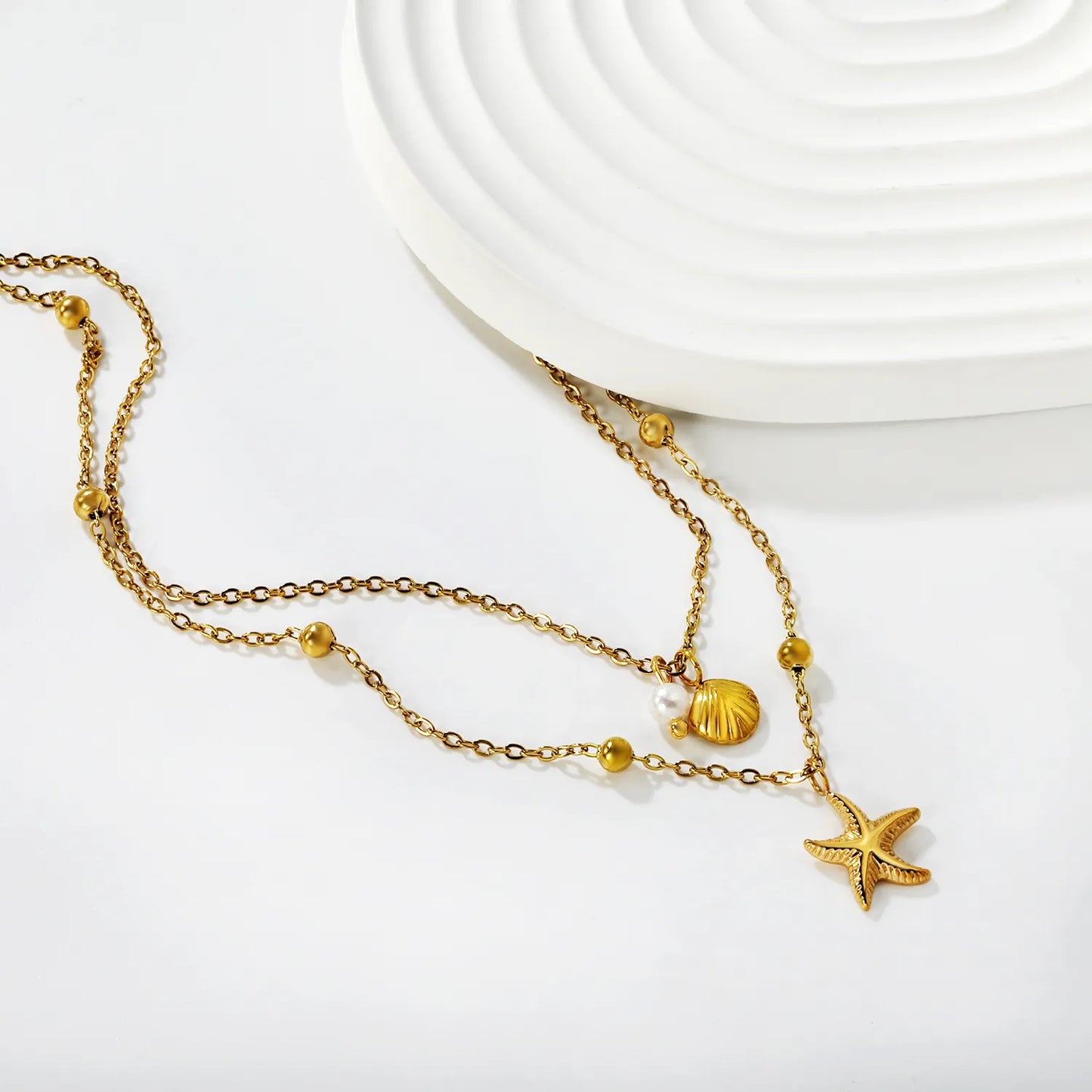 18K Gold Plated 2-Layer Beach Necklace (Starfish + Shell + Pearl)  | MOQ 12 | Wholesale Bulk Order | N:40+45+5cm Adjustable Jewelry