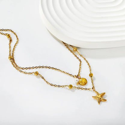 18K Gold Plated 2-Layer Beach Necklace (Starfish + Shell + Pearl)  | MOQ 12 | Wholesale Bulk Order | N:40+45+5cm Adjustable Jewelry
