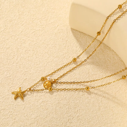 18K Gold Plated 2-Layer Beach Necklace (Starfish + Shell + Pearl)  | MOQ 12 | Wholesale Bulk Order | N:40+45+5cm Adjustable Jewelry