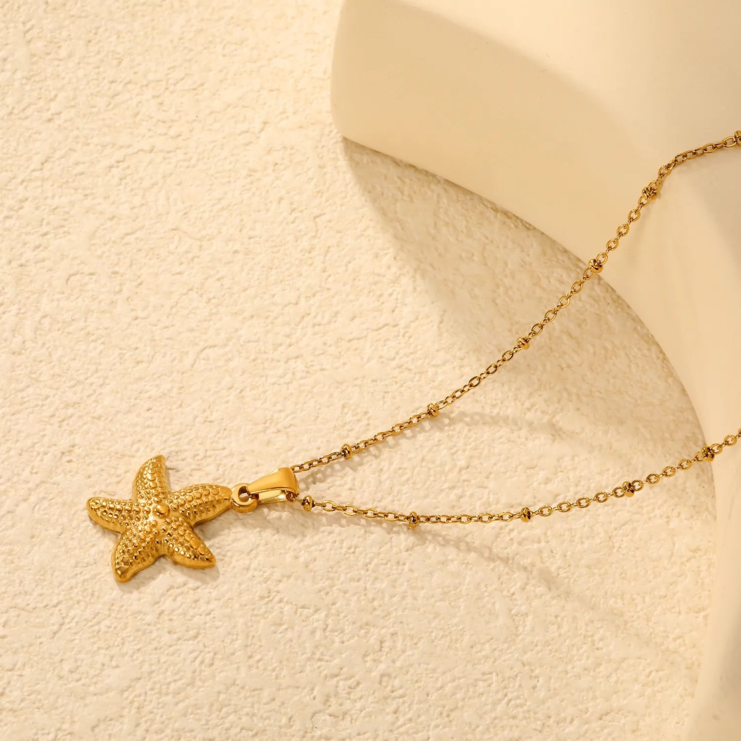 42+5cm Adjustable Textured Starfish Pendant Necklace | 18K Gold Plated | MOQ 12 for Wholesale Bulk Order