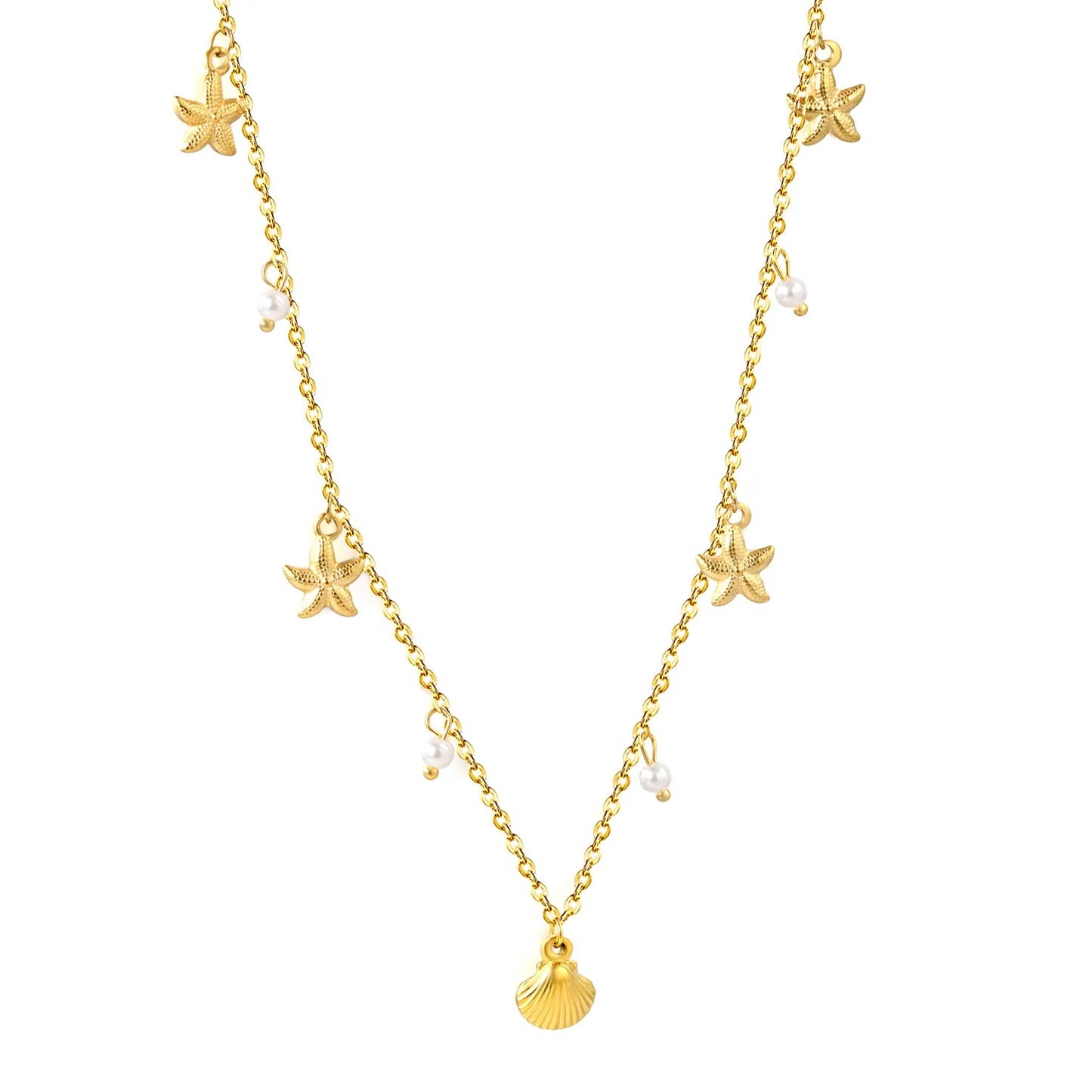 18K Gold Plated Nautical Charm Necklace (Starfish/Shell/Pearl) | MOQ 12 | Wholesale Bulk Order | N:40+5cm Adjustable Jewelry