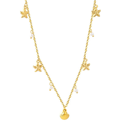 18K Gold Plated Nautical Charm Necklace (Starfish/Shell/Pearl) | MOQ 12 | Wholesale Bulk Order | N:40+5cm Adjustable Jewelry