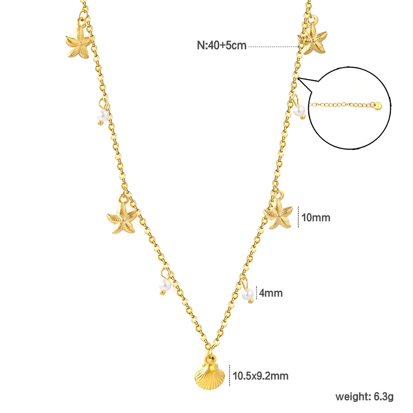 18K Gold Plated Nautical Charm Necklace (Starfish/Shell/Pearl) | MOQ 12 | Wholesale Bulk Order | N:40+5cm Adjustable Jewelry