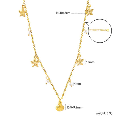 18K Gold Plated Nautical Charm Necklace (Starfish/Shell/Pearl) | MOQ 12 | Wholesale Bulk Order | N:40+5cm Adjustable Jewelry