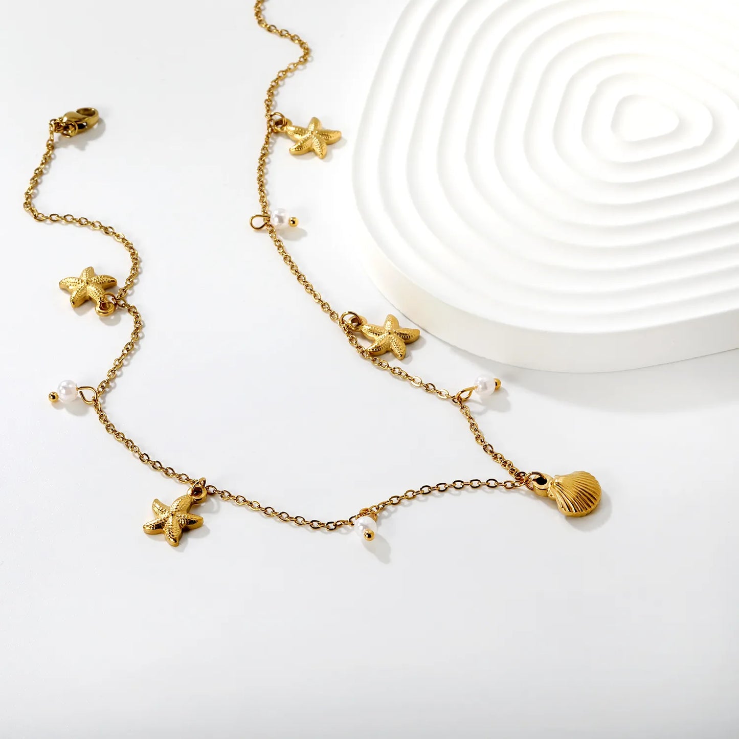 18K Gold Plated Nautical Charm Necklace (Starfish/Shell/Pearl) | MOQ 12 | Wholesale Bulk Order | N:40+5cm Adjustable Jewelry