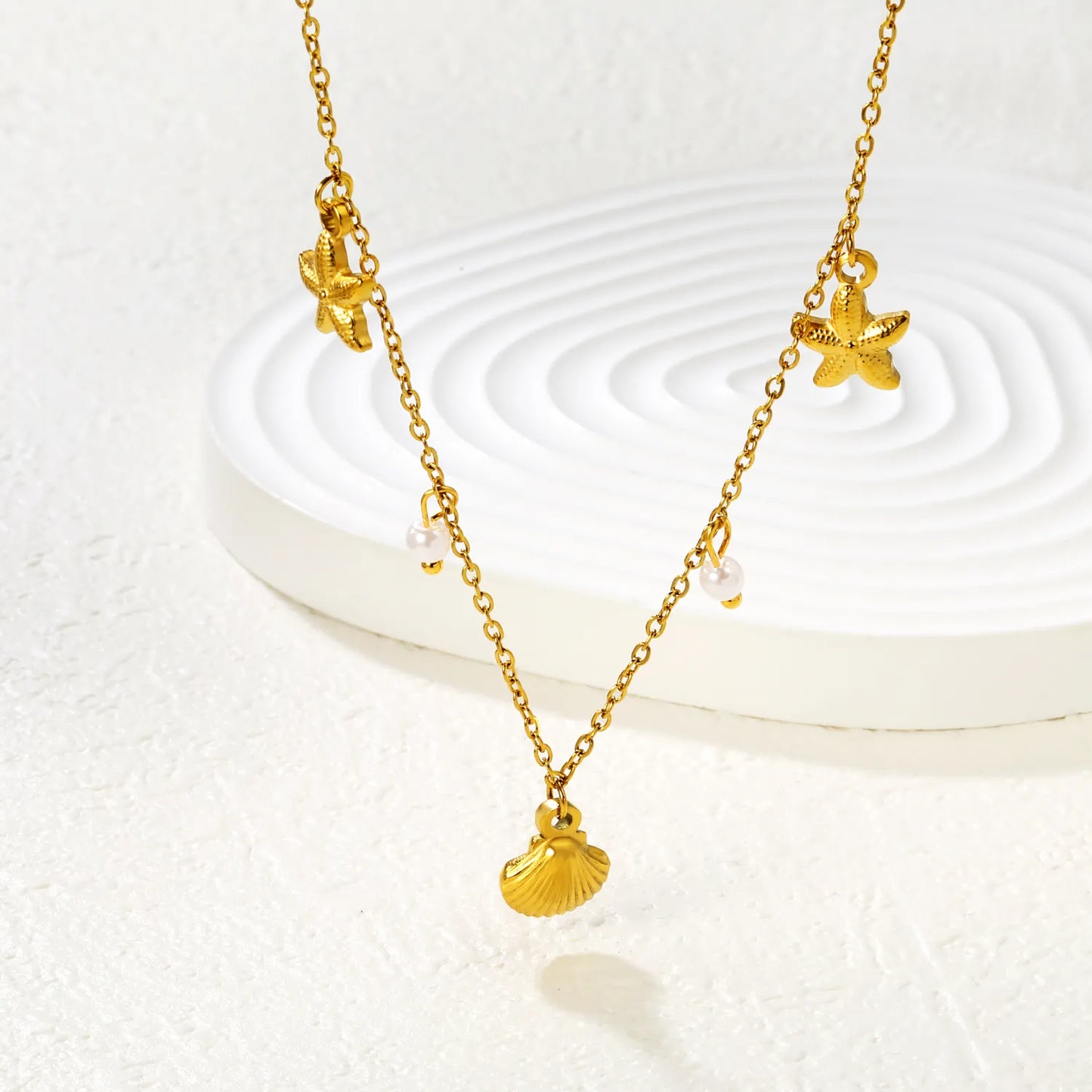 18K Gold Plated Nautical Charm Necklace (Starfish/Shell/Pearl) | MOQ 12 | Wholesale Bulk Order | N:40+5cm Adjustable Jewelry