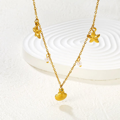 18K Gold Plated Nautical Charm Necklace (Starfish/Shell/Pearl) | MOQ 12 | Wholesale Bulk Order | N:40+5cm Adjustable Jewelry