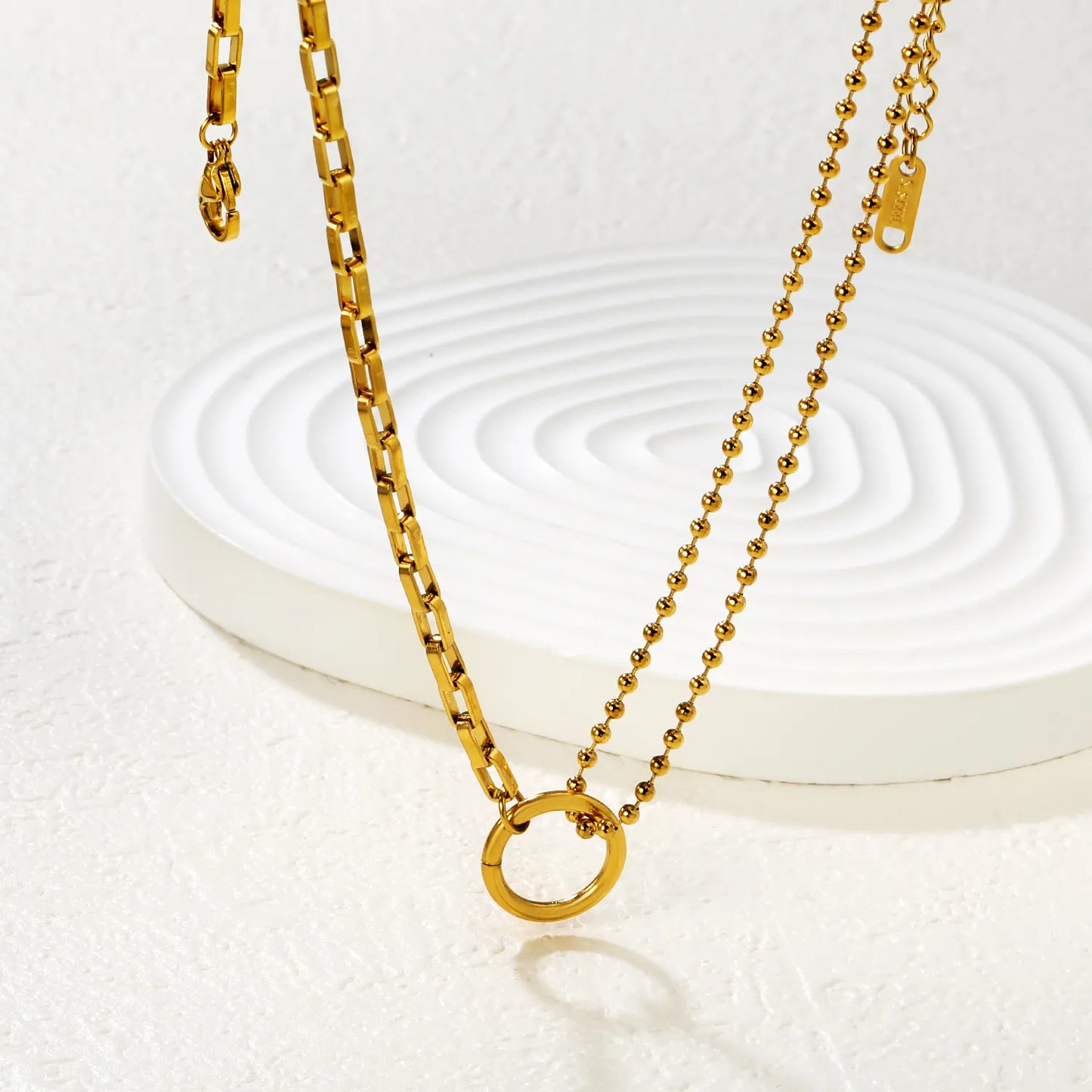 18K Gold Plated Mixed Chain + 14mm Circle Pendant 2-Layer Necklace | MOQ 12 | Wholesale Bulk Order | N:40+5cm Adjustable Jewelry