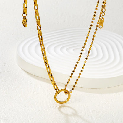18K Gold Plated Mixed Chain + 14mm Circle Pendant 2-Layer Necklace | MOQ 12 | Wholesale Bulk Order | N:40+5cm Adjustable Jewelry