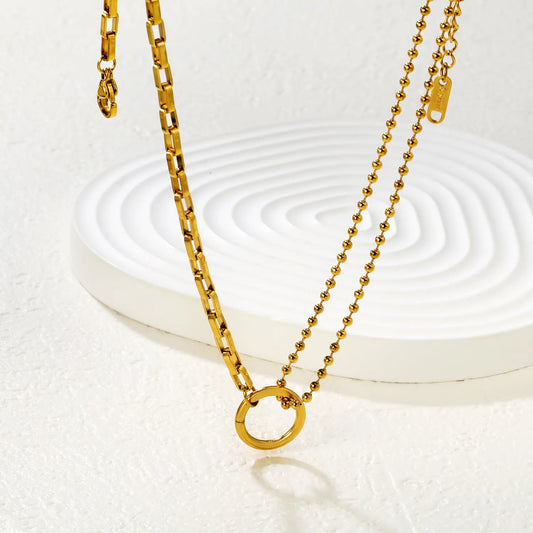 18K Gold Plated Mixed Chain + 14mm Circle Pendant 2-Layer Necklace | MOQ 12 | Wholesale Bulk Order | N:40+5cm Adjustable Jewelry