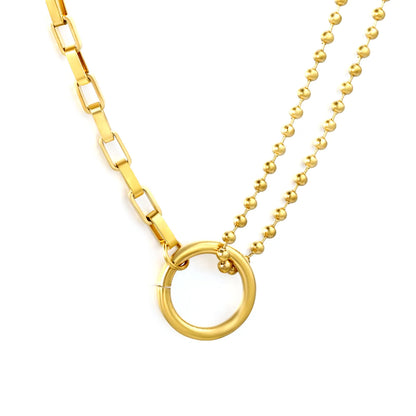 18K Gold Plated Mixed Chain + 14mm Circle Pendant 2-Layer Necklace | MOQ 12 | Wholesale Bulk Order | N:40+5cm Adjustable Jewelry