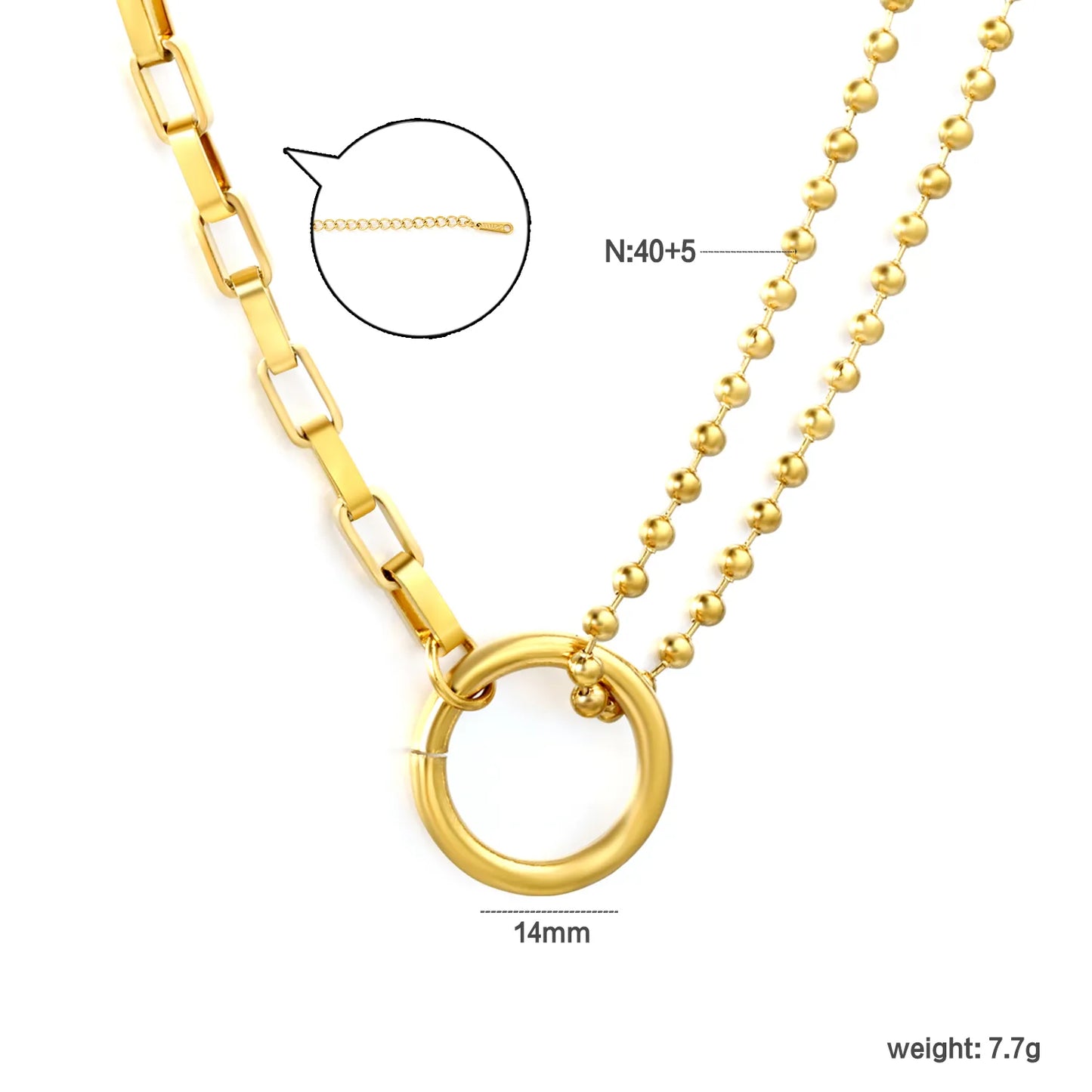 18K Gold Plated Mixed Chain + 14mm Circle Pendant 2-Layer Necklace | MOQ 12 | Wholesale Bulk Order | N:40+5cm Adjustable Jewelry