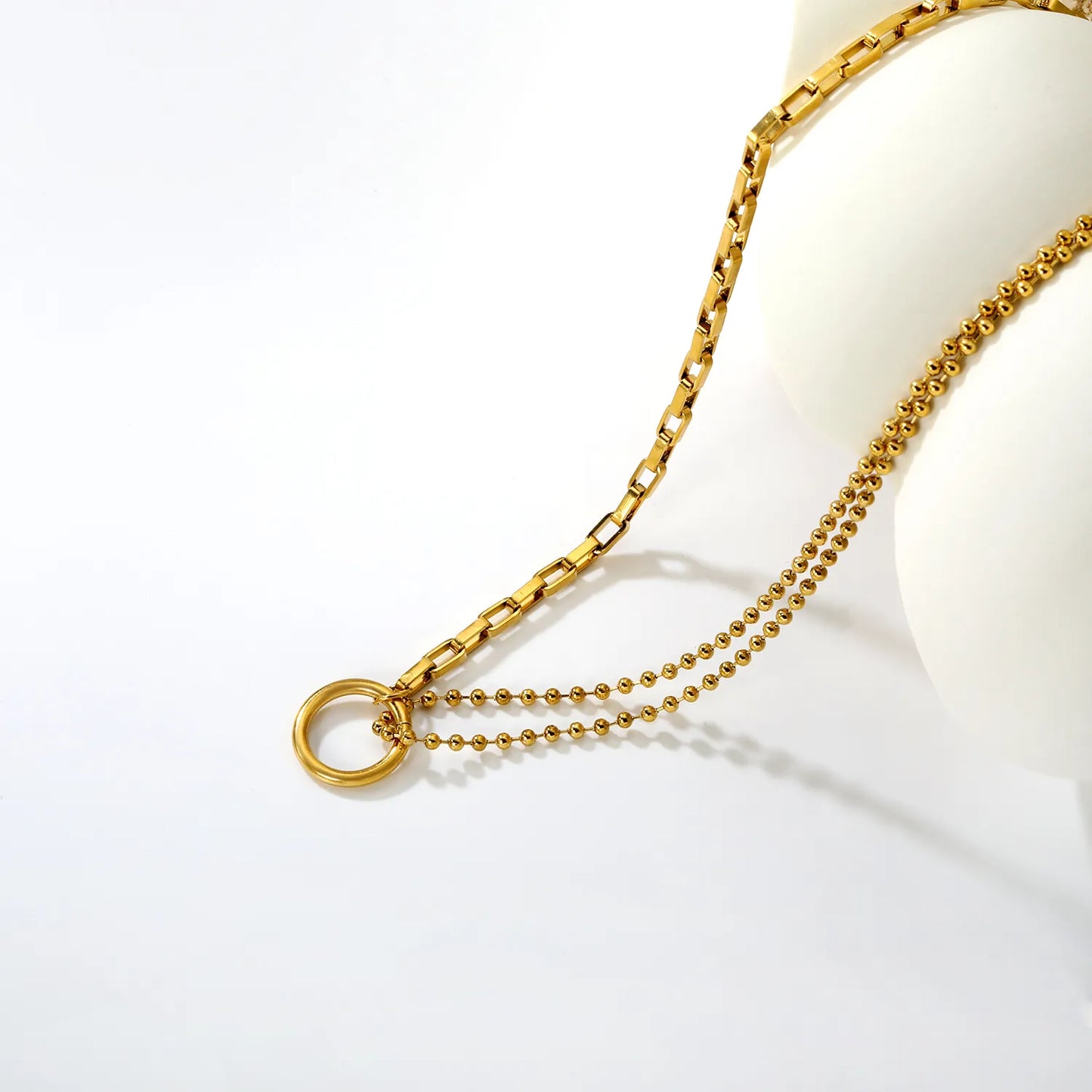 18K Gold Plated Mixed Chain + 14mm Circle Pendant 2-Layer Necklace | MOQ 12 | Wholesale Bulk Order | N:40+5cm Adjustable Jewelry