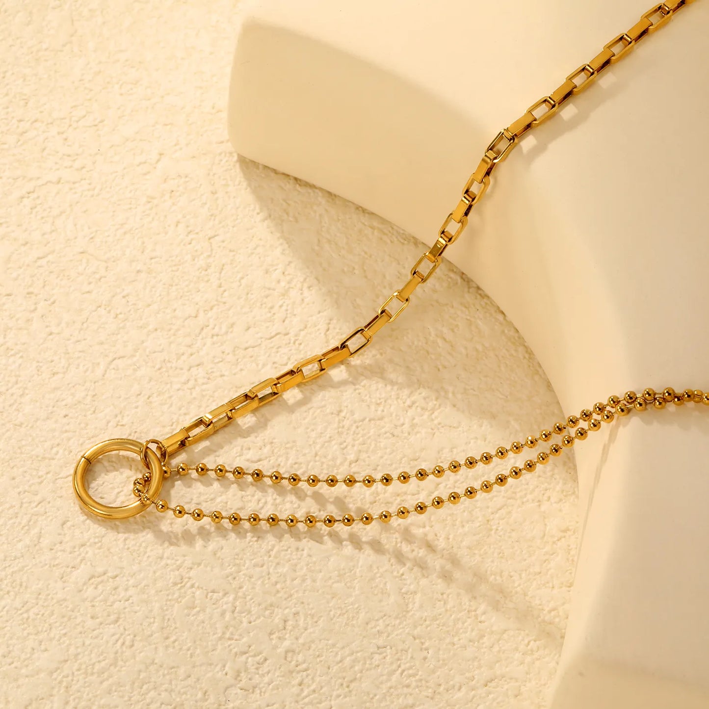 18K Gold Plated Mixed Chain + 14mm Circle Pendant 2-Layer Necklace | MOQ 12 | Wholesale Bulk Order | N:40+5cm Adjustable Jewelry
