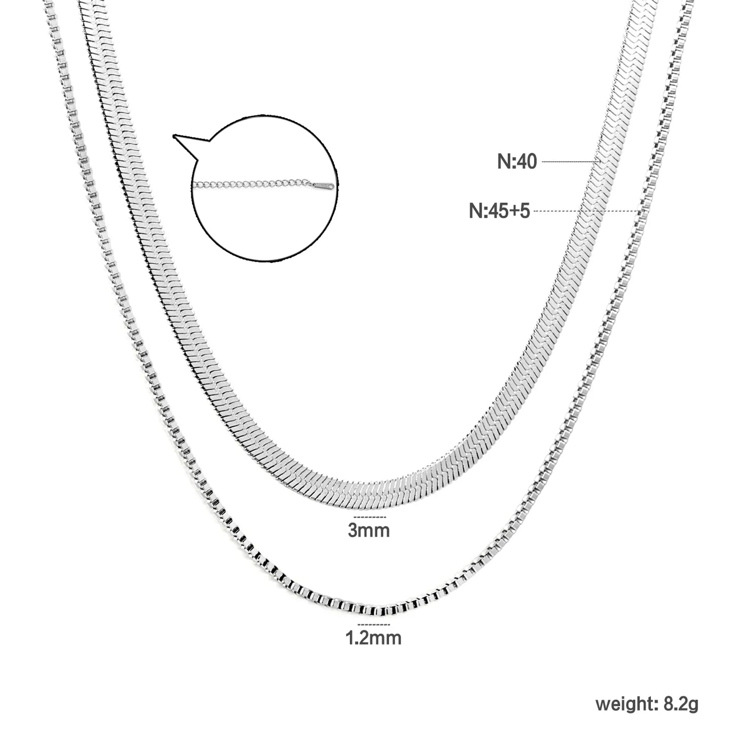 2-Layer Snake Chain Necklace (3mm + 1.2mm Widths) | MOQ 12 | Wholesale Order Stainless Steel Jewelry | N:40+45+5cm Adjustable Jewelry